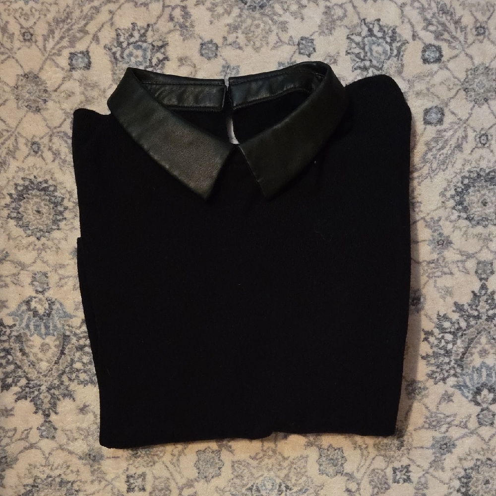 preppy collar sweater with faux leather detailing